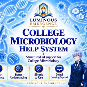 May include: A digital graphic titled Luminous Emergence College Microbiology Help System featuring blue scientific illustrations of DNA, bacteria, and a microscope. Two anime-style students stand below text boxes labelled Clear Guidance, Better Understanding, Simple to Use, and Digital Learning Support.
