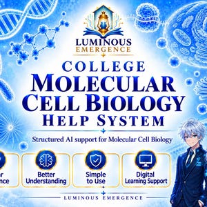 May include: A blue-toned graphic featuring the text Luminous Emergence College Molecular Cell Biology Help System. It includes illustrations of DNA, chromosomes, and cells, alongside four icons labelled Clear Guidance, Better Understanding, Simple to Use, and Digital Learning Support, with two anime-style students in school uniforms.
