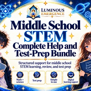 Può includere: Una grafica educativa per il pacchetto Middle School STEM Complete Help and Test-Prep con due studenti in stile anime che tengono dei libri. Il testo riporta Luminous Emergence, Middle School STEM, con icone per matematica, scienza e apprendimento digitale.