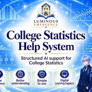 Könnte beinhalten: Eine blaue digitale Grafik mit dem Titel Luminous Emergence College Statistics Help System. Sie zeigt statistische Diagramme, ein zentrales Logo mit einer Laterne und zwei Anime-Figuren. Vier kreisförmige Symbole zeigen Clear guidance, Better understanding, Simple to use und Digital Learning Support.