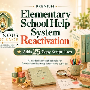 Op de afbeelding: Een digitaal educatief product getiteld Premium Elementary School Help System Reactivation, met een logo van een lantaarn, een stapel boeken, een wereldbol, een dagboek met de tekst My Learning Journal, alfabetblokken en een mok met potloden.