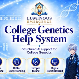 May include: A digital graphic for the Luminous Emergence College Genetics Help System featuring text, a central lantern logo, DNA strands, Punnett squares, and chromosome diagrams. Two anime-style students stand on the right with four icons below.