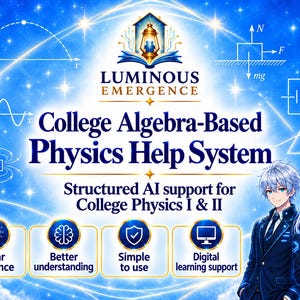 May include: A digital educational graphic titled Luminous Emergence College Algebra-Based Physics Help System. It features physics diagrams, a central lantern logo, and two anime-style students in blue uniforms. Four icons highlight clear guidance, better understanding, simple to use, and digital learning support.