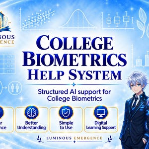 May include: A digital graphic titled College Biometrics Help System featuring a blue background with data charts, a logo, and two anime-style students in school uniforms. Four icons labelled Clear Guidance, Better Understanding, Simple to Use, and Digital Learning Support are displayed below the main text.