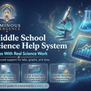 Könnte beinhalten: Eine digitale Bildungsgrafik mit dem Titel Luminous Emergence Middle School Science Help System. Sie zeigt ein Mikroskop, einen leuchtenden Kolben und ein Tablet mit einem steigenden Balkendiagramm. Der Text umfasst Real Lab Support, Graph & Data Help und Scientific Worksheets sowie einen Hinweis auf elterlich begleitete KI-Wissenschaftshilfe für die Klassen 6-8.