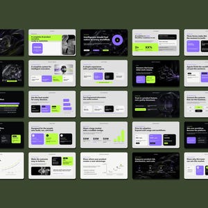 May include: A collection of twenty-five rectangular presentation slides arranged in a grid. Each slide features a dark or light background with text, charts, and diagrams in black, white, purple, and lime green, detailing business workflows.