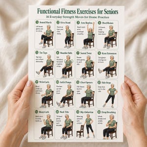 Peut inclure: Une affiche informative blanche intitulée Functional Fitness Exercises for Seniors présentant 16 illustrations numérotées d'une personne en t-shirt vert et pantalon noir effectuant divers exercices de renforcement sur une chaise en bois.