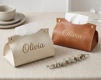 Personalized Leather Tissue Box Cover, Custom Engraved Tissue Holder, Housewarming Gift, Home Decor Gift