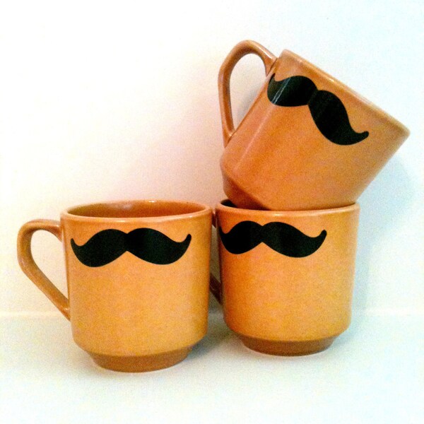 MUSTACHE MUG 3pc Set Brown Orange Tea Cup Funny GIFT For Him For Humor Recycled Green Black Vinyl Rustic Warm