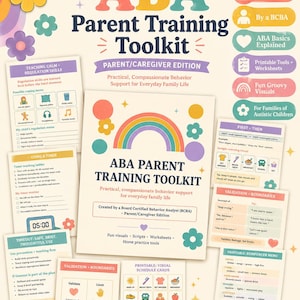 May include: An ABA Parent Training Toolkit for caregivers, featuring a collection of printable worksheets, visual schedule cards, and behavior support guides. The documents include colorful rainbow and flower graphics, with text detailing regulation skills, timer routines, and validation boundaries.