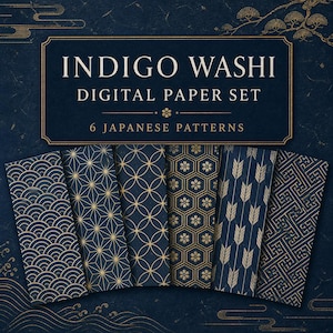 以下が含まれることがあります： INDIGO WASHI DIGITAL PAPER SET 6 JAPANESE PATTERNSと題されたデジタルペーパーセット。濃紺のテクスチャ背景に、金色の幾何学模様や花柄が描かれた6枚の縦長長方形パネルが並んでいます。