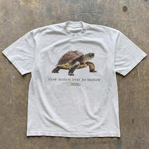 Puede incluir: Una camiseta blanca de manga corta con un gráfico de una tortuga marrón y verde en el centro. Debajo de la tortuga, el texto dice "slow motion over no motion" seguido del logotipo de National Geographic en letras amarillas y negras.