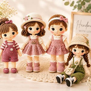 May include: Four handmade crochet dolls with yarn hair and detailed outfits. Three dolls stand wearing pink and white dresses or overalls with hats and bows, while one doll sits wearing green overalls, a beige hat, and a small crossbody bag.
