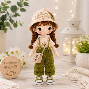 May include: A crochet doll with brown braided hair wearing a beige bucket hat, a white short-sleeved top with a small floral embroidery, olive green overalls, and white sneakers. The doll carries a small beige crossbody bag with a daisy.