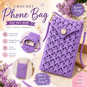 Può includere: Una borsa per telefono all'uncinetto color lavanda con motivo a punto conchiglia, chiusura a patta con un bottone simile a una perla e tracolla intrecciata. L'immagine include il testo Crochet Phone Bag PDF Pattern e Beginner Friendly.