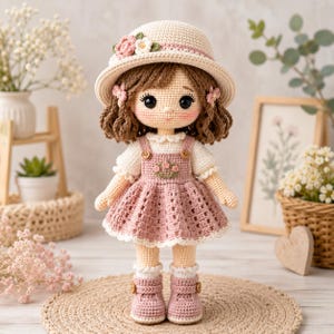 Op de afbeelding: Een handgemaakte gehaakte pop met bruin haar, met een crèmekleurige hoed versierd met roze en witte bloemen, een witte blouse en een oudroze tuinbroekjurk met bloemenborduursel. De pop draagt bijpassende roze laarsjes met kleine bruine knoopjes.