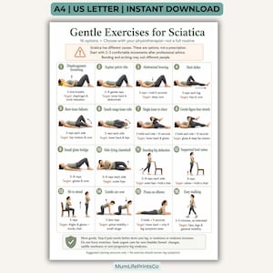 May include: A white informational poster titled Gentle Exercises for Sciatica featuring sixteen numbered illustrations of a person performing various physical movements, including breathing, bridges, and stretches, with text instructions for each.