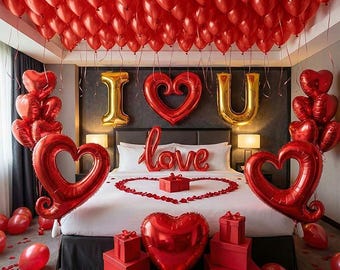 I Love You Balloon Kit, Red Gold Romantic Heart Balloons With Love Mylar Balloons and Rose Petals for Valentine Anniversary
