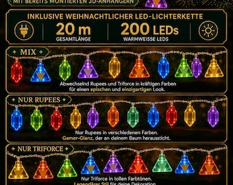 Zelda Triforce Rupien LED Lichterkette, 20m 200 LEDs, Weihnachtsdeko, Gamer Deko, Zelda Fanart, Triforce Deko, Rupee Lichter