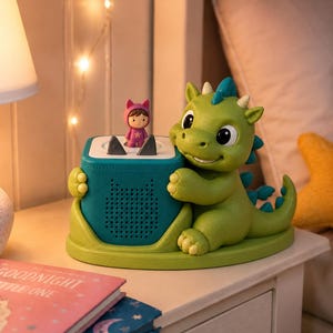 Puede incluir: Una figura de drag&oacute;n verde que sostiene una base de altavoz cuadrada de color verde azulado con una superficie superior blanca. Un peque&ntilde;o personaje con un traje rosa con capucha se encuentra sobre el altavoz. El altavoz tiene un panel frontal perforado.