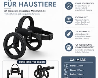 Rollstuhl für Haustiere 3D Druck, anpassbare Mobilitätshilfe für kleine Hunde & Katzen, Hunderollstuhl, Tier Rollwagen