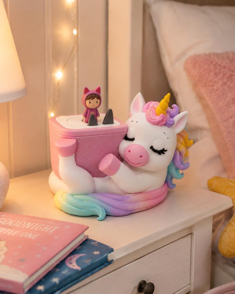 May include: A white unicorn night light with a pastel rainbow mane and tail, featuring closed eyes and a yellow horn. The unicorn holds a pink square base with a small figure wearing a purple cat-ear hood standing on top of the flat surface.