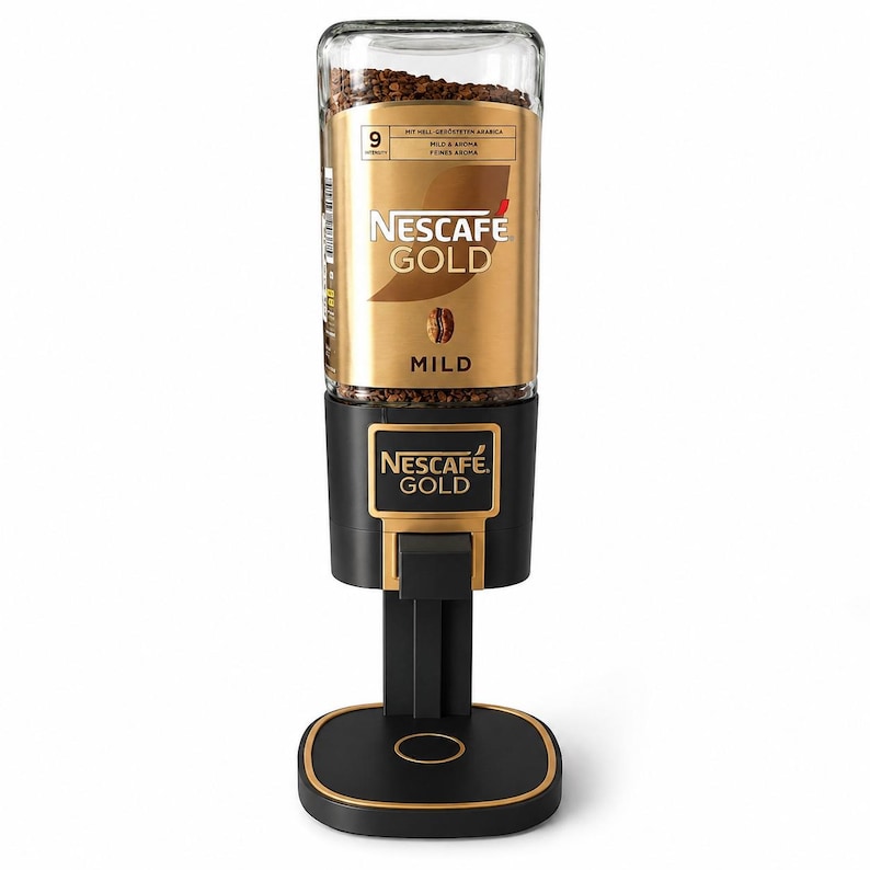 May include: A Nescaf&eacute; Gold Mild coffee dispenser featuring a clear glass canister filled with instant coffee granules, a black plastic base, and a dispensing mechanism. The gold label displays the Nescaf&eacute; Gold logo, intensity level 9, and text.