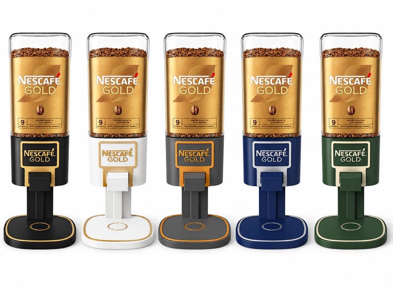 May include: Five Nescaf&eacute; Gold coffee dispensers in black, white, gray, blue, and green. Each unit features a clear cylindrical top filled with instant coffee granules, a gold label with the Nescaf&eacute; Gold logo, and a base with a dispensing lever.