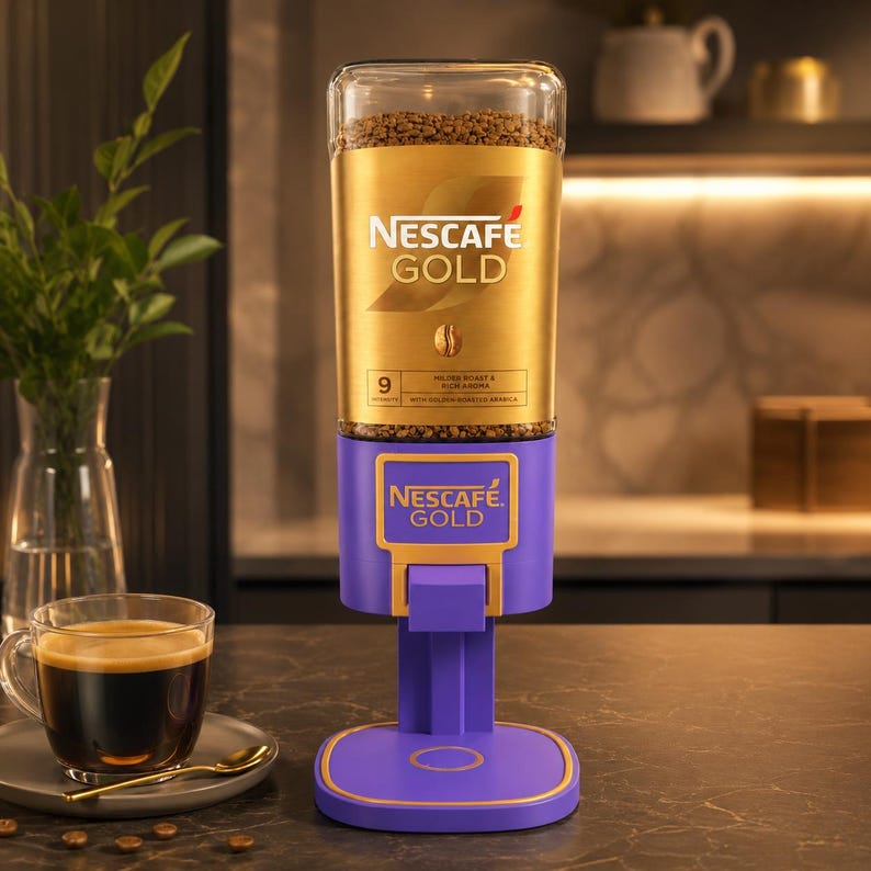 May include: A Nescaf&eacute; Gold coffee dispenser featuring a clear top container filled with instant coffee granules, a gold label with the Nescaf&eacute; Gold logo, and a purple base with a matching purple dispensing mechanism and a gold-trimmed square logo.