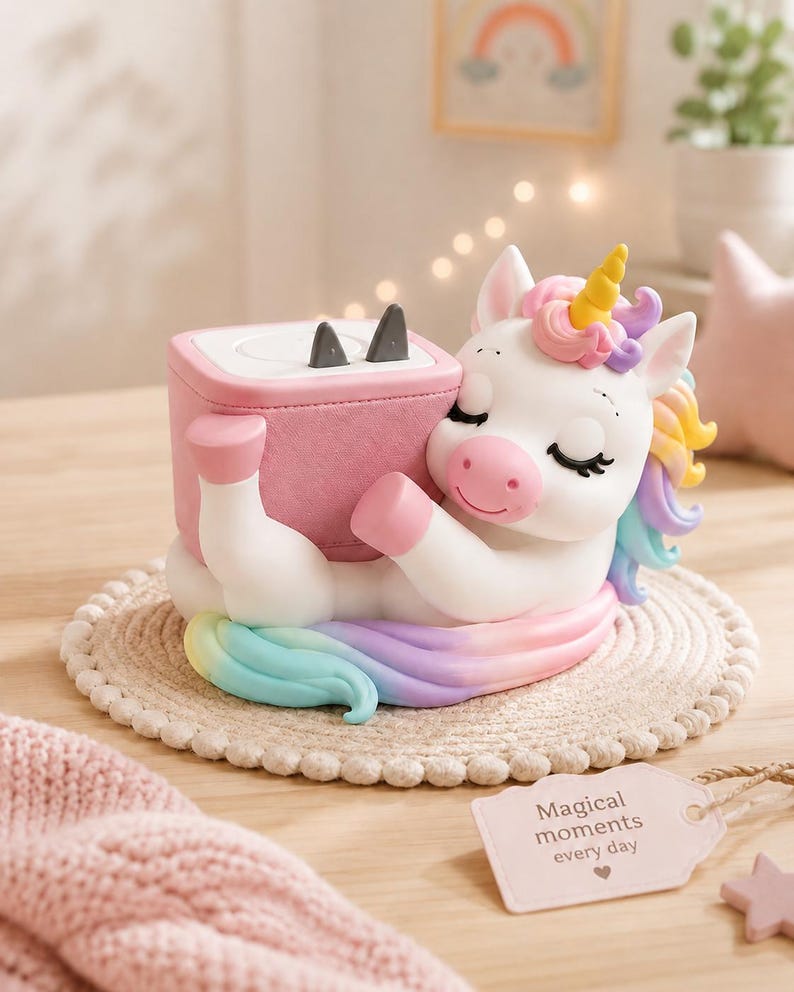 May include: A white unicorn figurine with a yellow horn and a pastel rainbow mane, hugging a pink square box with two small black triangular accents on top. A light pink tag attached to the base features the text Magical moments every day.