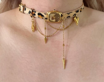 Leopard Print Watch Choker, Vintage Gold Clock Necklace, Mob Wife Aesthetic Jewelry, Cascading Chain Spike Necklace, Retro Y2K Gift for Her