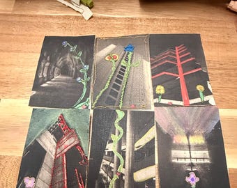 Brutalism & Monuments Series One | Complete Set of 6 Original ACEO Artist Trading Cards | Hand Stitched Mixed Media Textile Art | OOAK