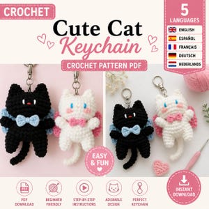 Crochet Cat Keychain Pattern PDF, Cute Amigurumi Cat Keychain, Kawaii Animal Crochet Pattern, Beginner Crochet Tutorial