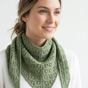 May include: A sage green triangular knit scarf featuring a delicate openwork lace pattern throughout the fabric. The scarf is draped around the neck, showcasing a textured, lightweight yarn construction with a pointed front edge and ribbed borders.