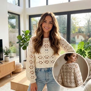 May include: A cream-coloured long-sleeve crochet jumper featuring a repeating floral pattern throughout the body and sleeves. The garment has a crew neckline and ribbed cuffs. An inset shows the back view of the same crochet jumper.