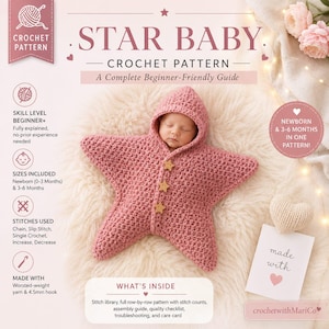 Op de afbeelding: Een haakpatroon genaamd STAR BABY met een stervormige, oudroze babyslaapzak met capuchon en drie stervormige houten knopen. Het document bevat tekst over het vaardigheidsniveau, de maten, de gebruikte steken en de benodigde materialen.