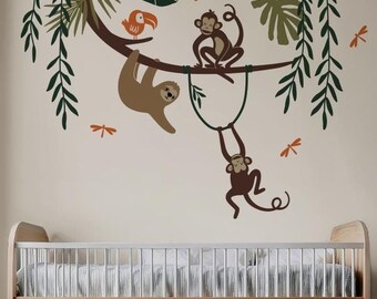 Jungle Animals Wall Decals: Nursery Decor, Monkeys, Sloth (95"w x 88"h)