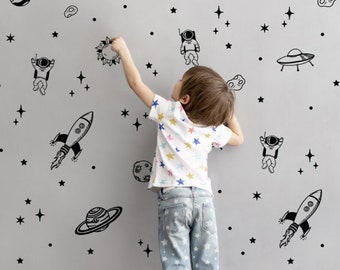 Outer Space Wall Decals, Wall Stickers, Rocket Ship, Planet, Astronaut, Star, Nursery Wall decor, Kid's Room Wall Decor