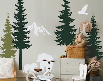 Pine Trees And Bears Wall Decal - Baby Nursery, Kids Room And Home Wall Decor