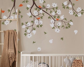 Tree And Leaves With Flowers Wall Decal, Baby Nursery And Kids Room Decor, Home Decals, Gift For Her And Him