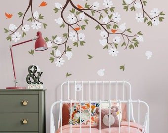 Tree And Leaves With Flowers Wall Decal, Baby Nursery And Kids Room Decor, Home Decals, Gift For Her And Him