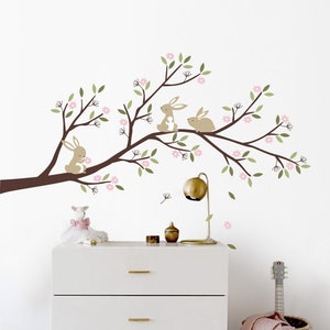 Bunnies Branch with Flowers - Nursery Tree Wall Decal Sticker