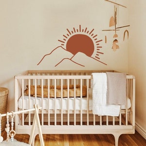 Sun, Mountain Wall Decal, Sunshine Wall Stickers, Boho Nursery, Kids Room Wall Art, Playroom Decor