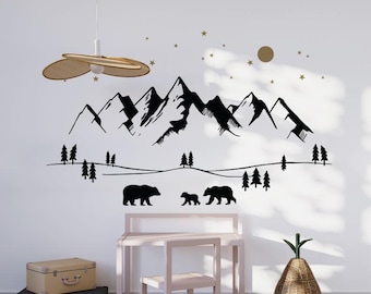 Mountain Nursery Wall Decals, Trees, Moon, Stars