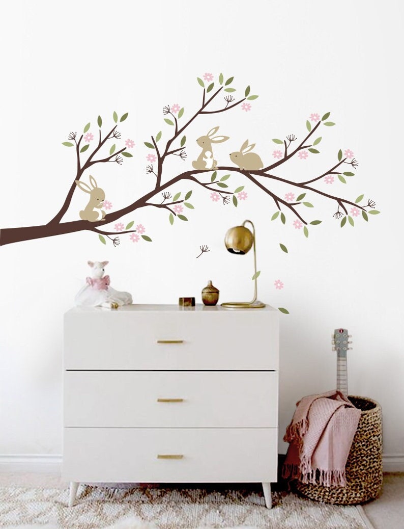 Bunnies Branch with Flowers Nursery Tree Wall Decal Sticker image 1