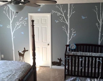 Birch Trees, Birds and Fawns Wall Decal