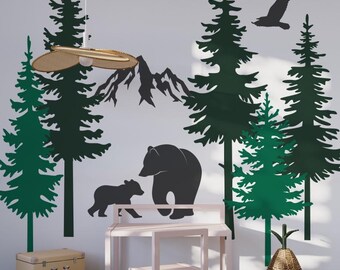 Pine Trees and Bears Wall Decal: Nursery Kids Room Decor