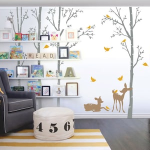Birch Trees, Birds and Fawns - Nursery Wall Decal