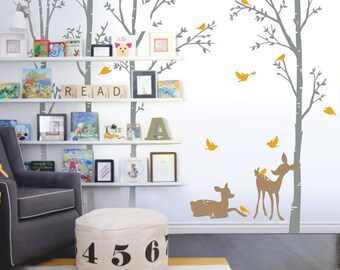 Birch Trees, Birds and Fawns - Nursery Wall Decal