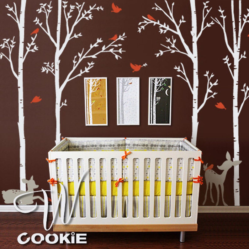 Birch Trees, Birds and Fawns Wall Decal image 2